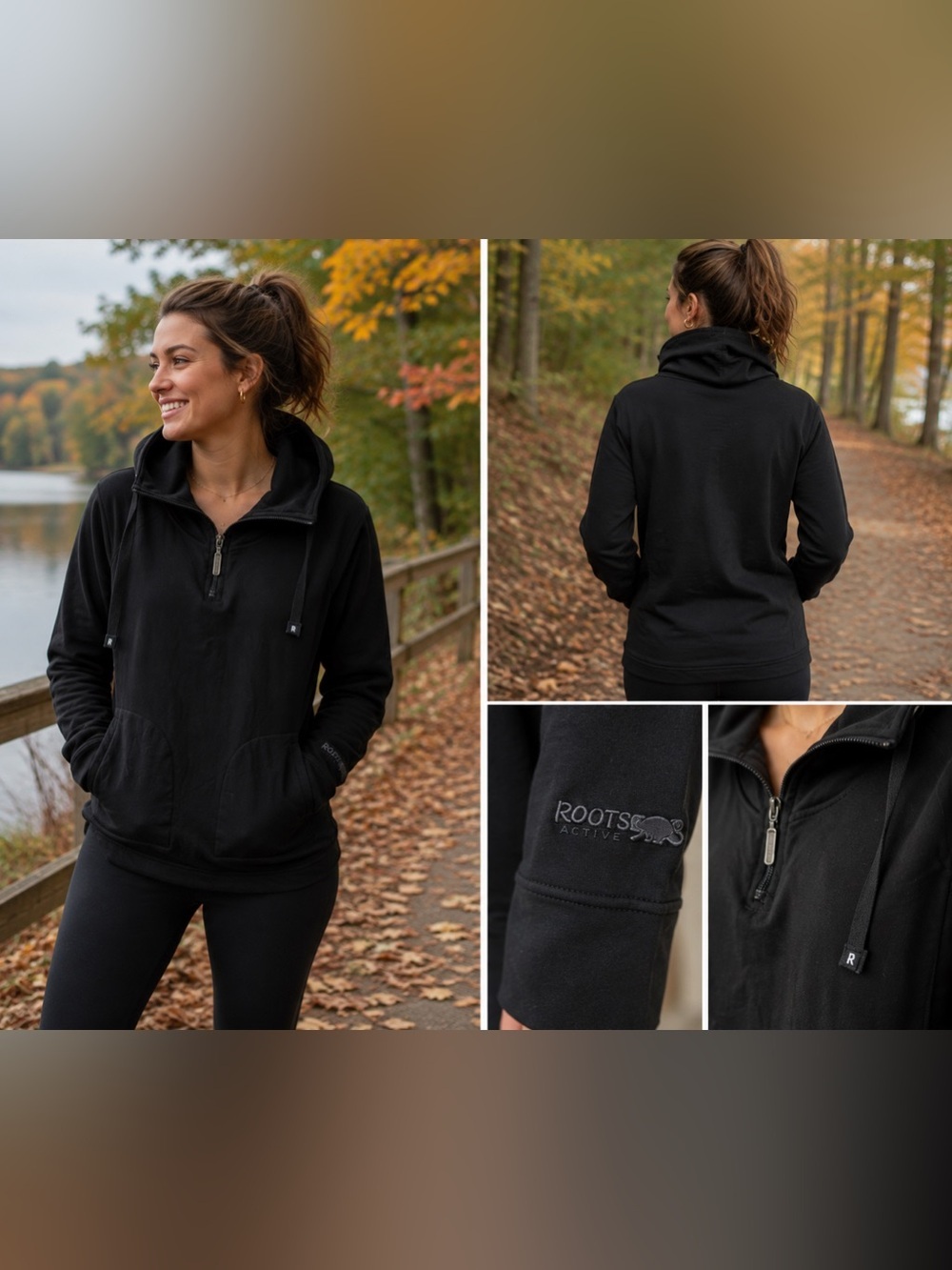 Roots Active Black Half Zip Pullover Hoodie Women’s Small S Stretch